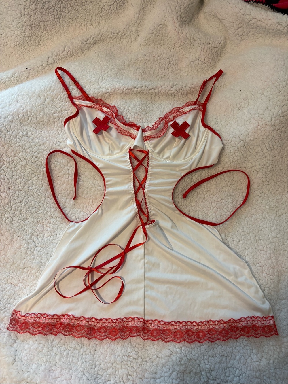 SHEIN White Chemise with Red Lace Trim and Corset Detail